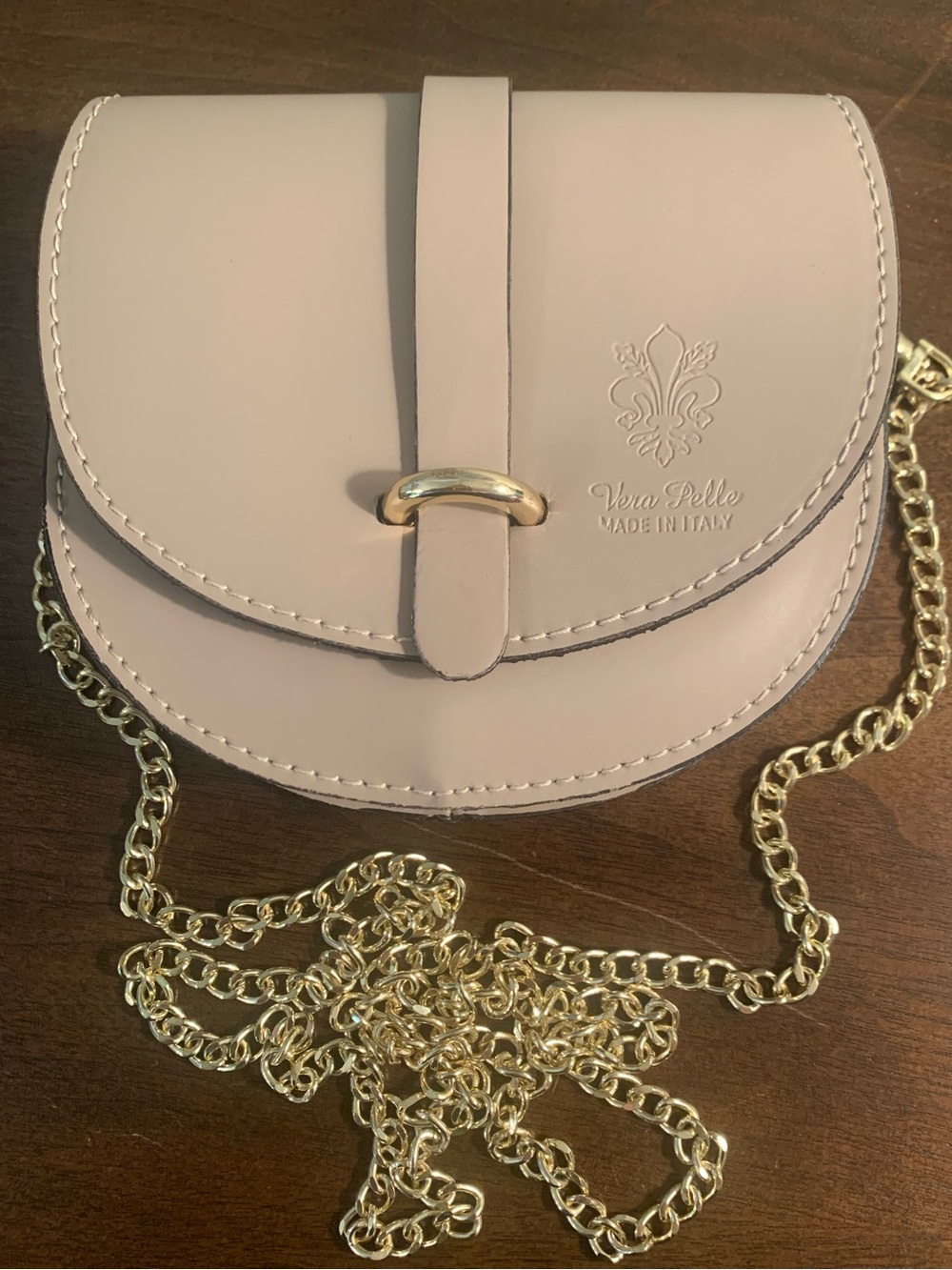 Vera Pelle Blush Pink Leather Crossbody with Gold Chain Strap